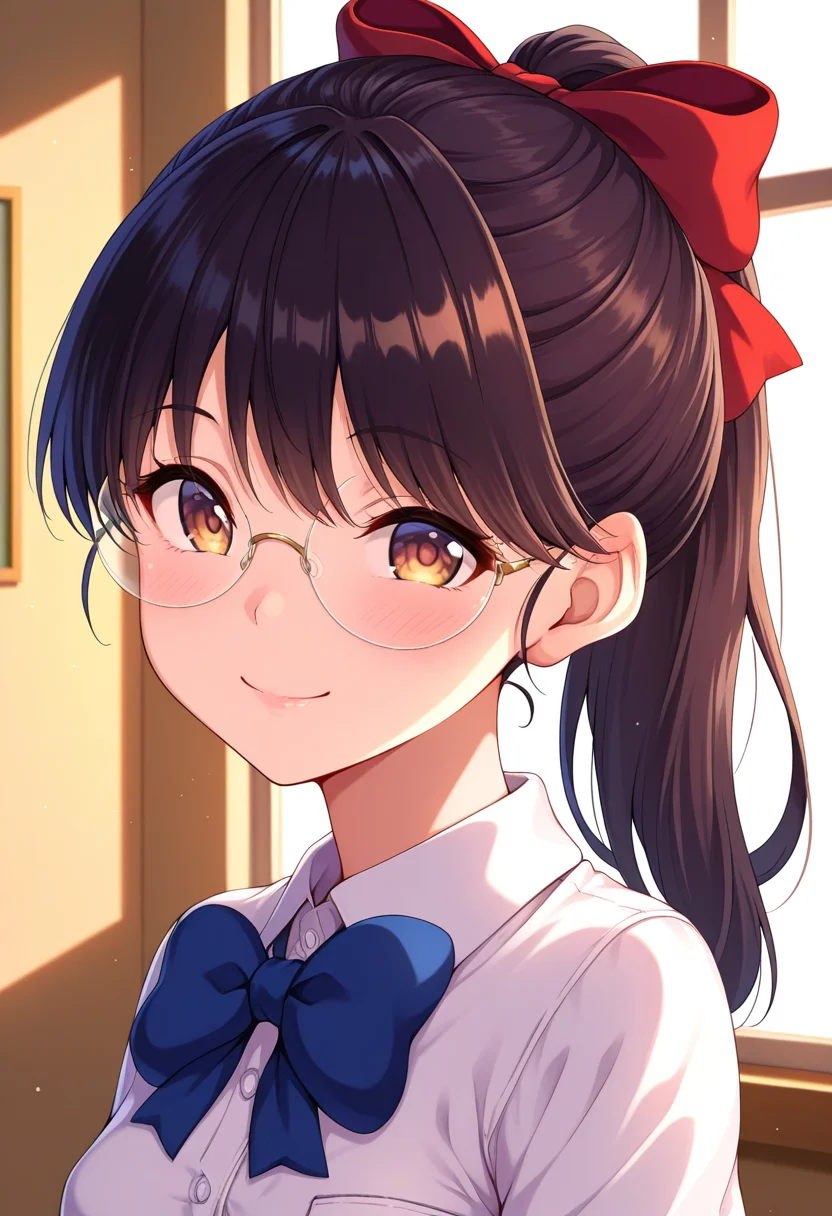 masterpiece, best quality, amazing quality, 1girl, solo, (portrait:1.2), kazukiww, brown eyes, black hair, long hair, ponytail, hair bow, glasses, small breasts, school uniform, bowtie, collared shirt, short sleeves, looking at viewer, smile, indoors, skindentation, detailed clothing folds, depth of field, sharp, high contrast, dynamic light <lora:Kazuki_Waste_ill:0.9>