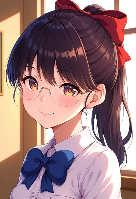 masterpiece, best quality, amazing quality, 1girl, solo, (portrait:1.2), kazukiww, brown eyes, black hair, long hair, ponytail, hair bow, glasses, small breasts, school uniform, bowtie, collared shirt, short sleeves, looking at viewer, smile, indoors, skindentation, detailed clothing folds, depth of field, sharp, high contrast, dynamic light <lora:Kazuki_Waste_ill:0.9>