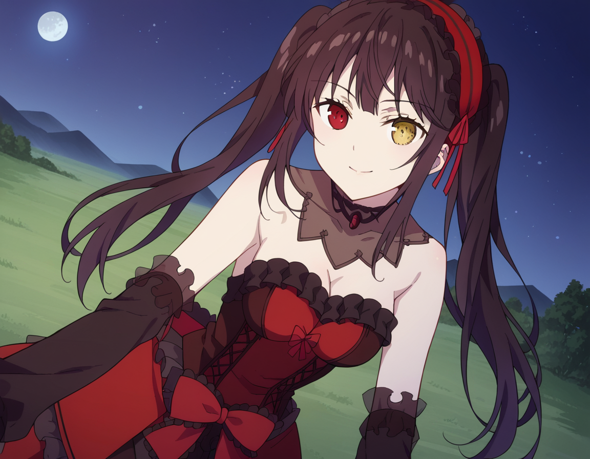 score_9, score_8_up, score_7_up, source_anime,
kurumitokisaki, <lora:kurumi-tokisaki-movie-ponyxl-lora-nochekaiser:1>,
kurumi tokisaki, black hair, red eyes, long hair,
twintails, yellow eyes, hairband, heterochromia, dress, red dress, bare shoulders, collarbone, choker, bowtie, red bowtie, detached sleeves, corset, frills, cleavage,
outdoors, landscape, night, moon, bent over, smile,
solo, dutch angle, looking at viewer, cowboy shot,