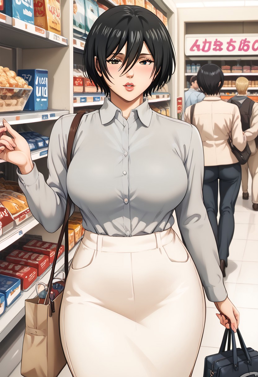 score_9, score_8_up, score_7_up, mikasa ackerman, black eyes, black hair, short hair, wide hips, lips, huge breasts,  beauty hands, Beautiful character design, perfect eyes, bedroom eyes, perfect face, expressive eyes, perfect balance, grey shirt, short over long sleeves, pencil skirt, housewife, Tote bag, convenience store, back view,