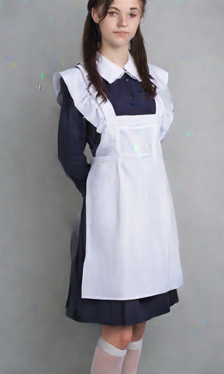 A woman 20 years old,in a Soviet school uniform with a white apron exudes an image of discipline and seriousness. Her uniform consists of a simple dress, often navy blue or black, with a white collar and cuffs. A school badge may be located on the chest. She can wear tall white socks and dressy black shoes. Hair neatly combed or gathered in a bun. A girl in a Soviet school uniform looks modest and old-fashioned, but also carries the spirit of discipline and respect for education, perfect face, suxl,  <lora:suxl:0.9>