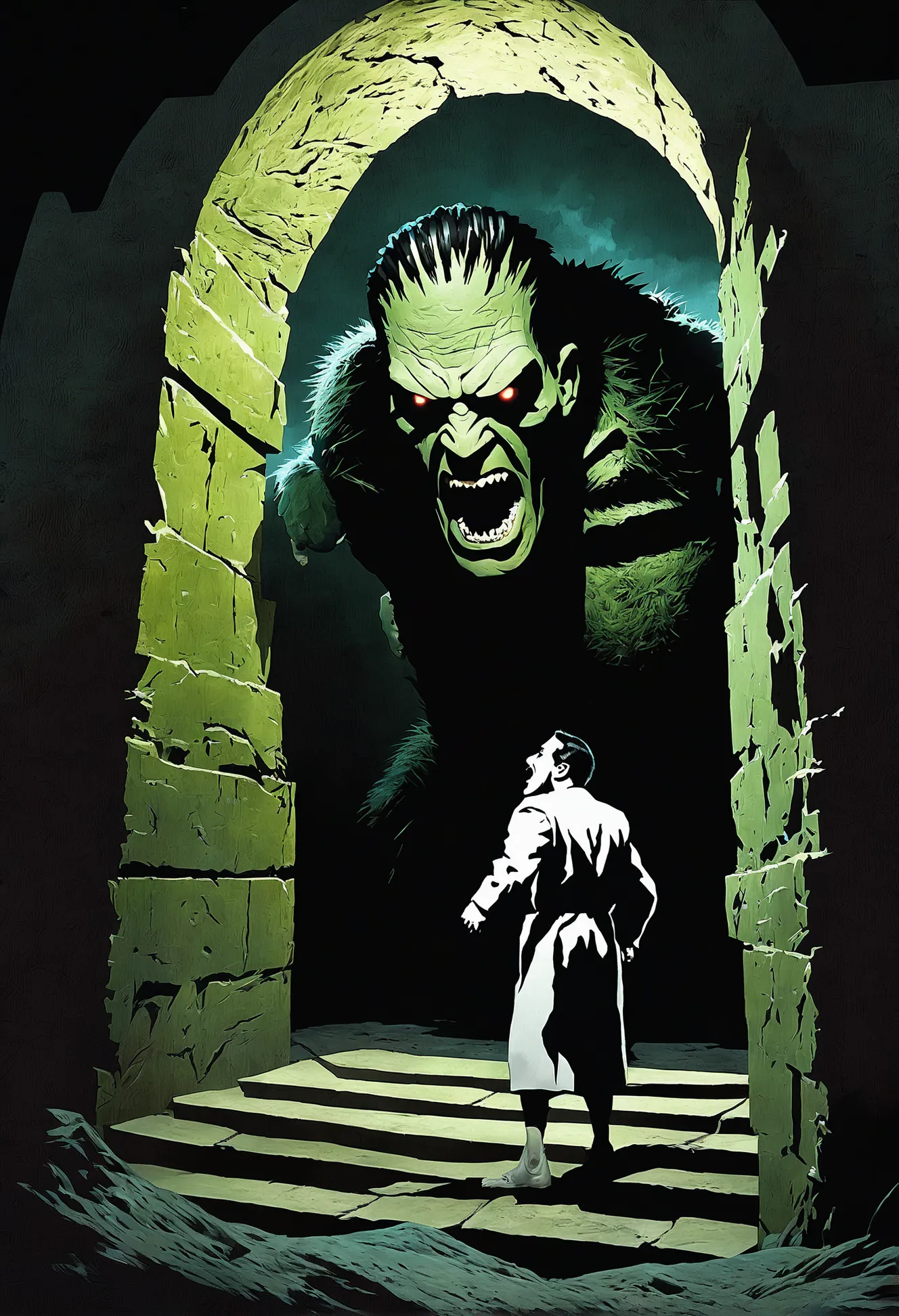 pulp horror, scary, man screaming,Frankenstein's monster,vampire,ancient tomb<lora:EnvyPulpHorrorXL01:1:1:lbw=ALL>