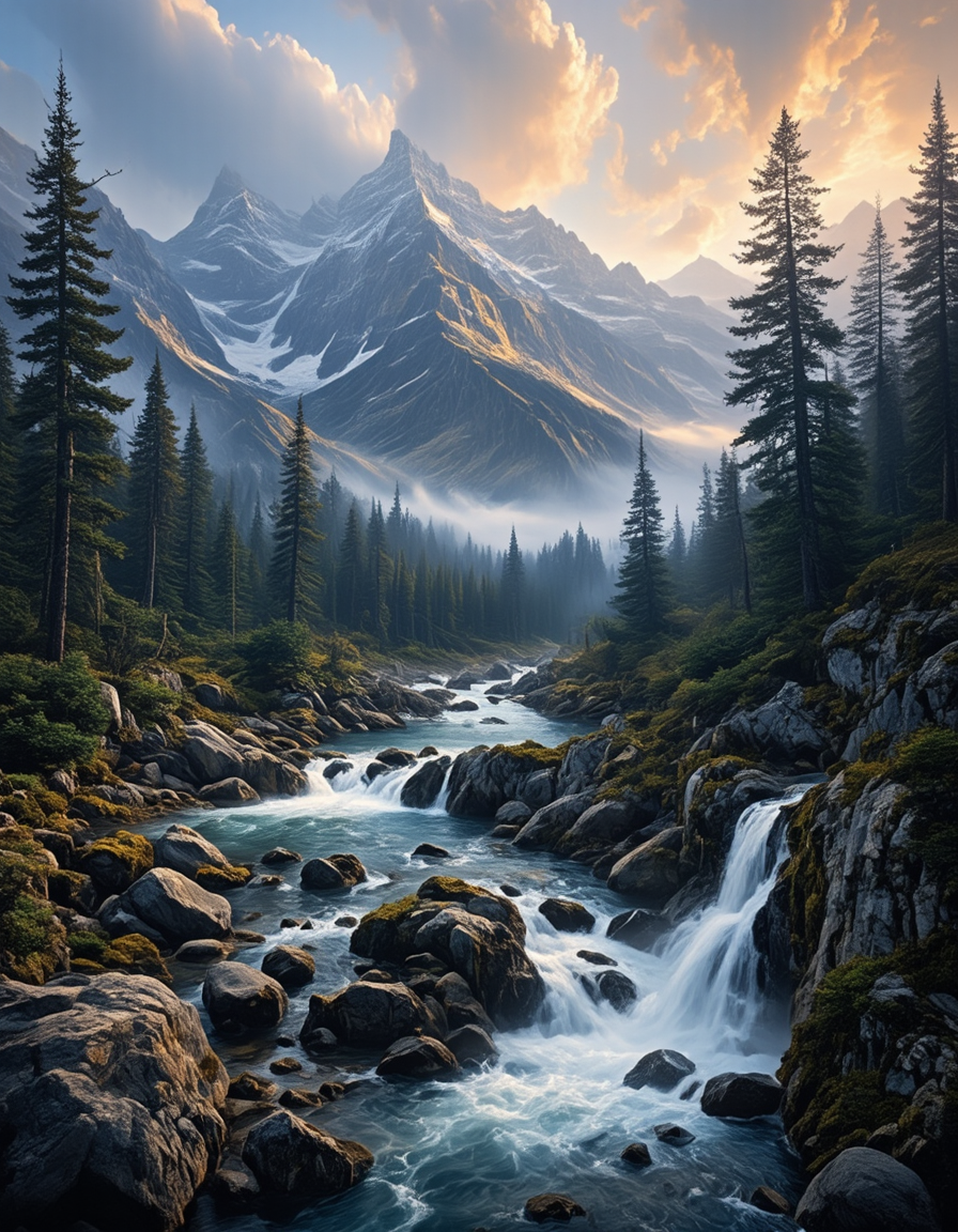 <lora:Medieval_Worlds_Scenery01bflux:1> mwl01, scenery, landscape, mountains, rocks, lake, tree, vegetation, moss, waterfall, T2, white, gold, black, photo, sunset
