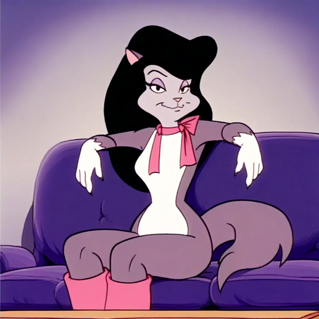 score_9, solo, roxie_h, 1girl, furry female, long hair, black hair, cat ears, animal nose, tail, neck ribbon, sitting, sofa, looking at viewer
