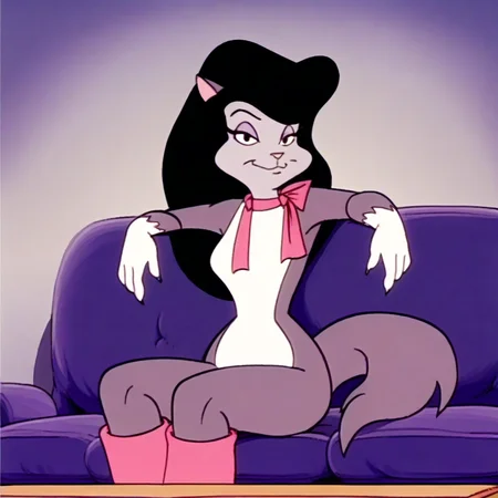 score_9, solo, roxie_h, 1girl, furry female, long hair, black hair, cat ears, animal nose, tail, neck ribbon, sitting, sofa, looking at viewer