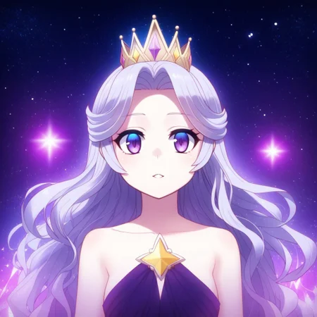 mana_sk style, portrait, focus on face, a radiant starlight queen woman with long, wavy silver hair that glimmers faintly and luminous violet eyes, wearing a flowing gown adorned with shimmering star patterns and a delicate crown of starlight, her expression serene and regal, faint glowing galaxies and shooting stars in the cosmic background, Japanese RPG style, celestial and majestic atmosphere, intricate details on her gown and crown