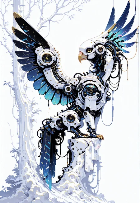 cybernetic parrot, mechanical wings, blue wings, iridescent feathers, mechanical body parts, yellow eyes, wires, metallic tree, full body, animal focus, no humans, profile, white background, (monochrome, negative space:1.2), white theme, painterly, no lineart, no outline, fine art, masterpiece, best quality, good quality, very awa, very aesthetic, absurdres, newest, 8k, high contrast, in the style of cknc, haiz_ai, wat