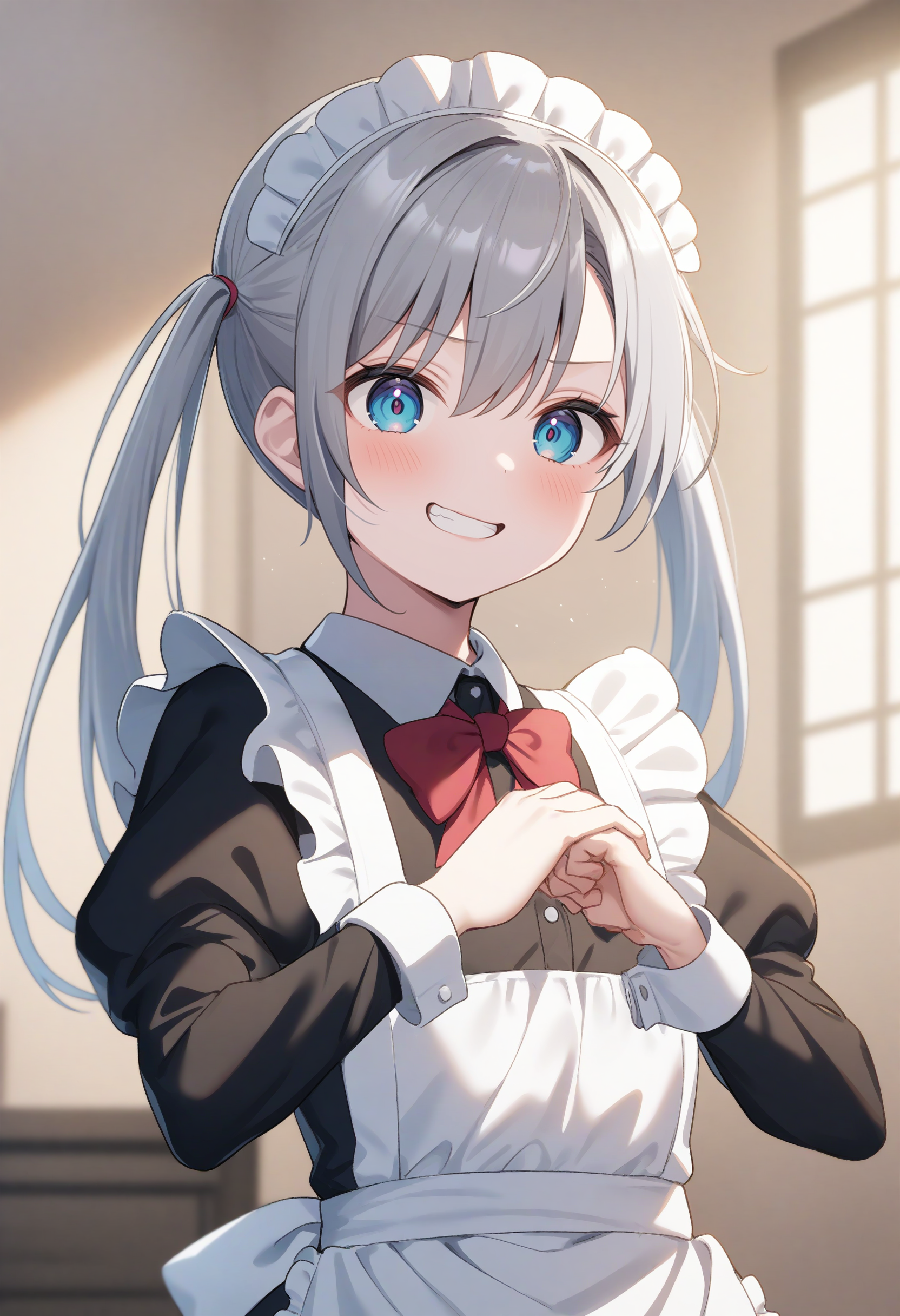 1girl,sincos, ningen mame, toosaka asagi,solo,medium breasts,20yo,maid,maid headdress,
cracking knuckles, own hands together, fist in hand,<lora:crackingknuckles_XL_v1:0.8>
from side, portrait, looking up, white hair, purple eyes,seductive grin smug, frontier, open mouth, split ponytail hair,,
best quality, very aesthetic, absurdres