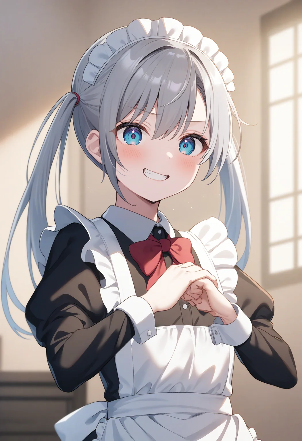 1girl,sincos, ningen mame, toosaka asagi,solo,medium breasts,20yo,maid,maid headdress,
cracking knuckles, own hands together, fist in hand,<lora:crackingknuckles_XL_v1:0.8>
from side, portrait, looking up, white hair, purple eyes,seductive grin smug, frontier, open mouth, split ponytail hair,,
best quality, very aesthetic, absurdres