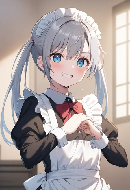 1girl,sincos, ningen mame, toosaka asagi,solo,medium breasts,20yo,maid,maid headdress,
cracking knuckles, own hands together, fist in hand,<lora:crackingknuckles_XL_v1:0.8>
from side, portrait, looking up, white hair, purple eyes,seductive grin smug, frontier, open mouth, split ponytail hair,,
best quality, very aesthetic, absurdres