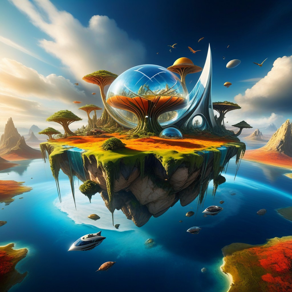 Create a hyper-realistic, high-resolution image of an imaginative and surreal world. Combine elements of fantasy and reality using cutting-edge photorealistic techniques. Imagine a landscape where elements like floating islands, futuristic architecture, and mythical creatures coexist. The scene should have a dynamic interaction between light and shadow, with vibrant colors and textures that feel tactile. The image should evoke a sense of wonder and awe, pushing the boundaries of creativity.