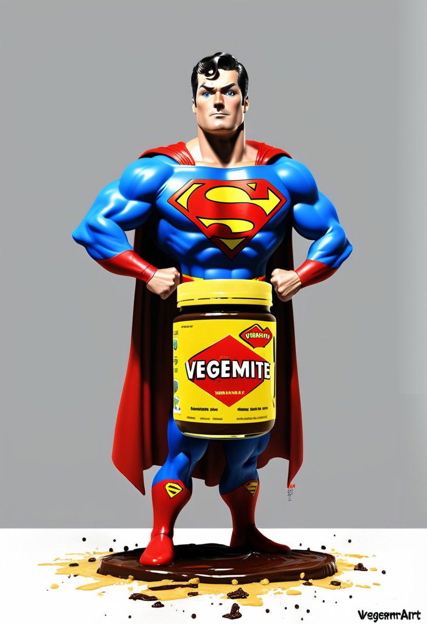 VegemiteArt, Superman standing in a vegemite jar, comic book art, digital art
