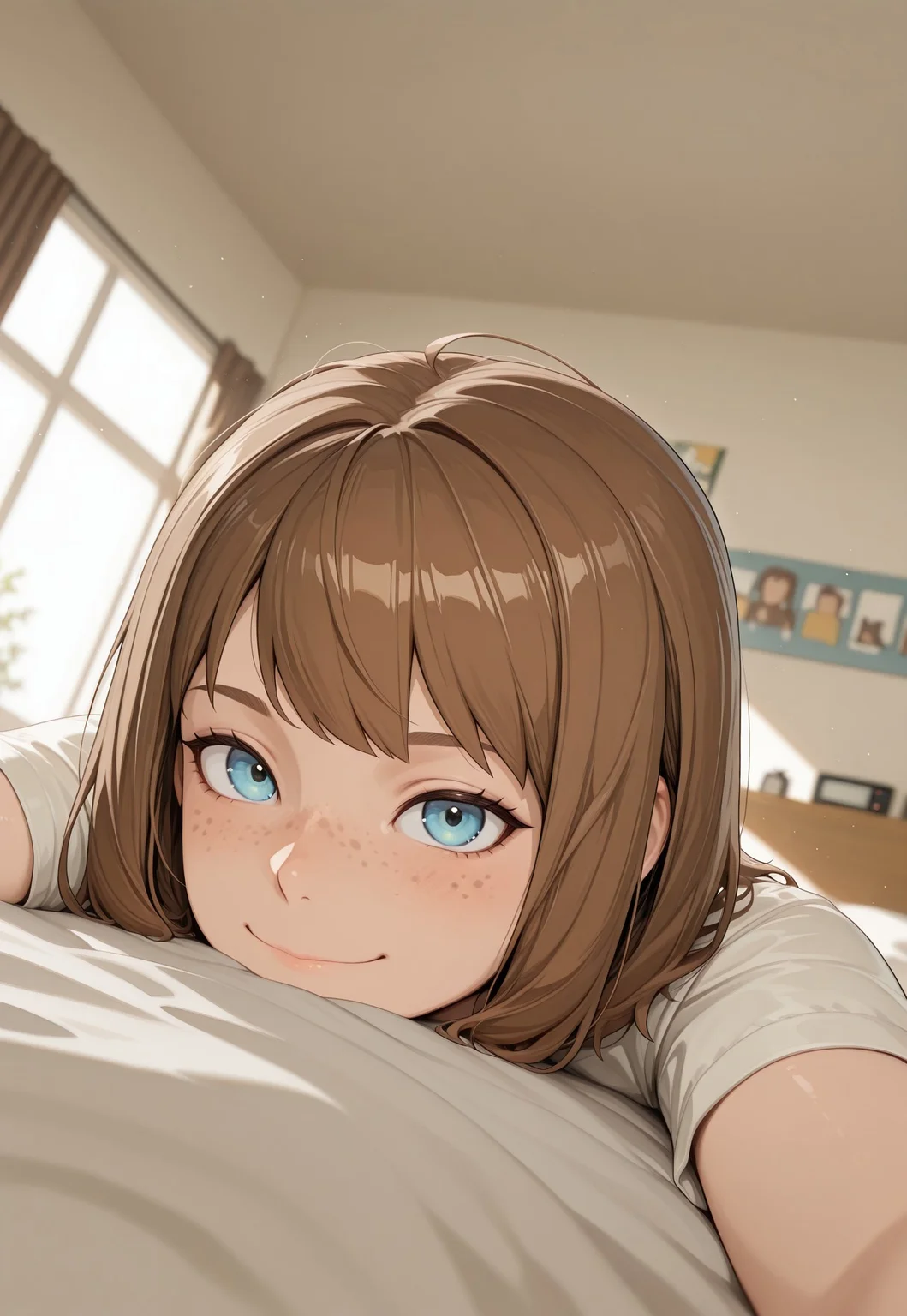 (1girl, maxcaulfieldlis, brown hair, blue eyes,)
knocked out, laying on bed, head tilted, freckles, looking at viewer, timid smile,
light reflecting on skin, shiney skin, sunlight, light beams, godrays, light beams, dorm room, particles,
S4bit4mago_illu, anime style, blurred background, dutch angle, low angle, long shot, from below, view tilted up,