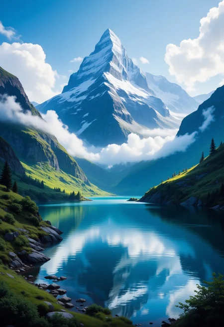 Uma montanha imponente refletida em um lago sereno, com nuvens escuras ao fundo, representando momentos de desânimo que são superados pela força da natureza, ultra detail, RAW photo, detail surface, 16K, best quality