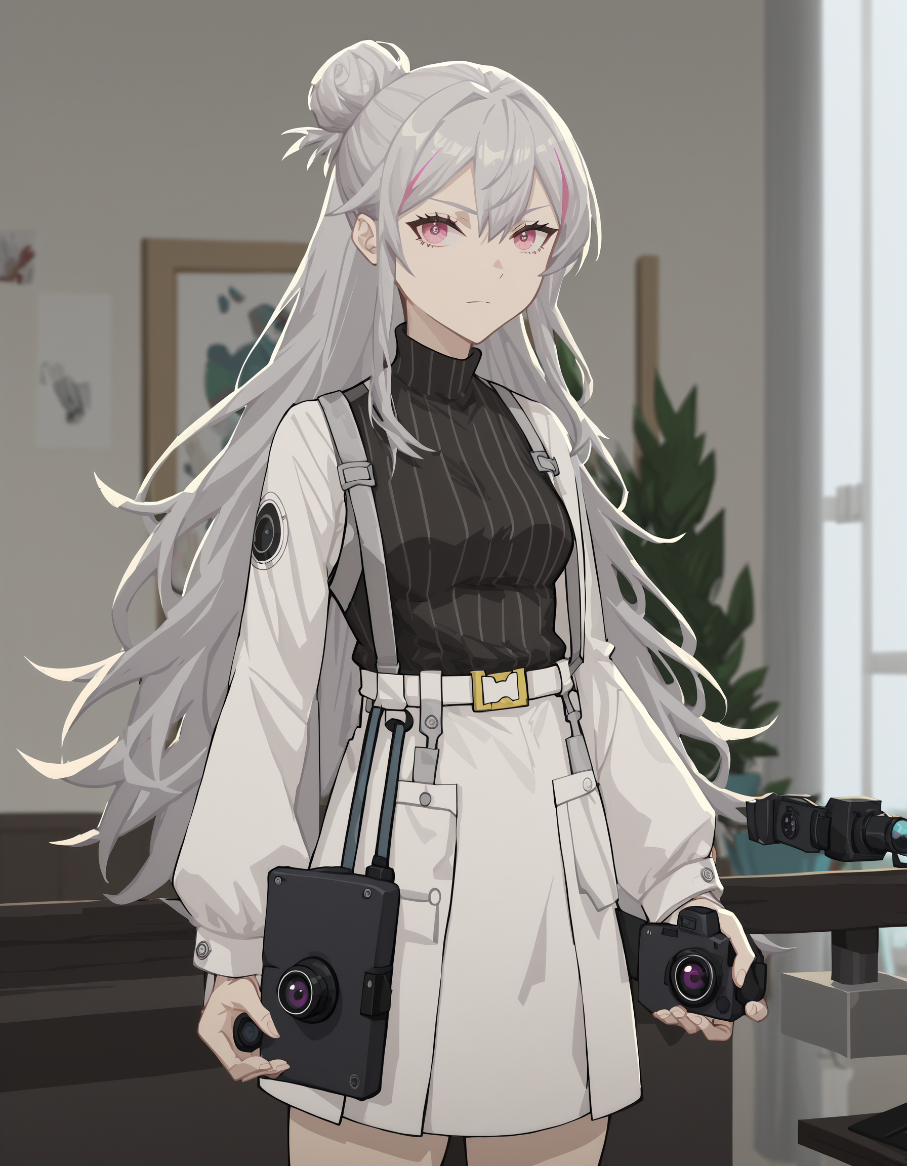 score_9,score_8_up,score_7_up,looking at viewer,casual,scientist,
<lora:duominixi_pony:0.7>,duominixi,1girl,solo,grey hair,pink eyes,jewelry,hair bun,long hair,thighs,<lora:Anime_Screencap:1>,anime screencap,holding_camera,