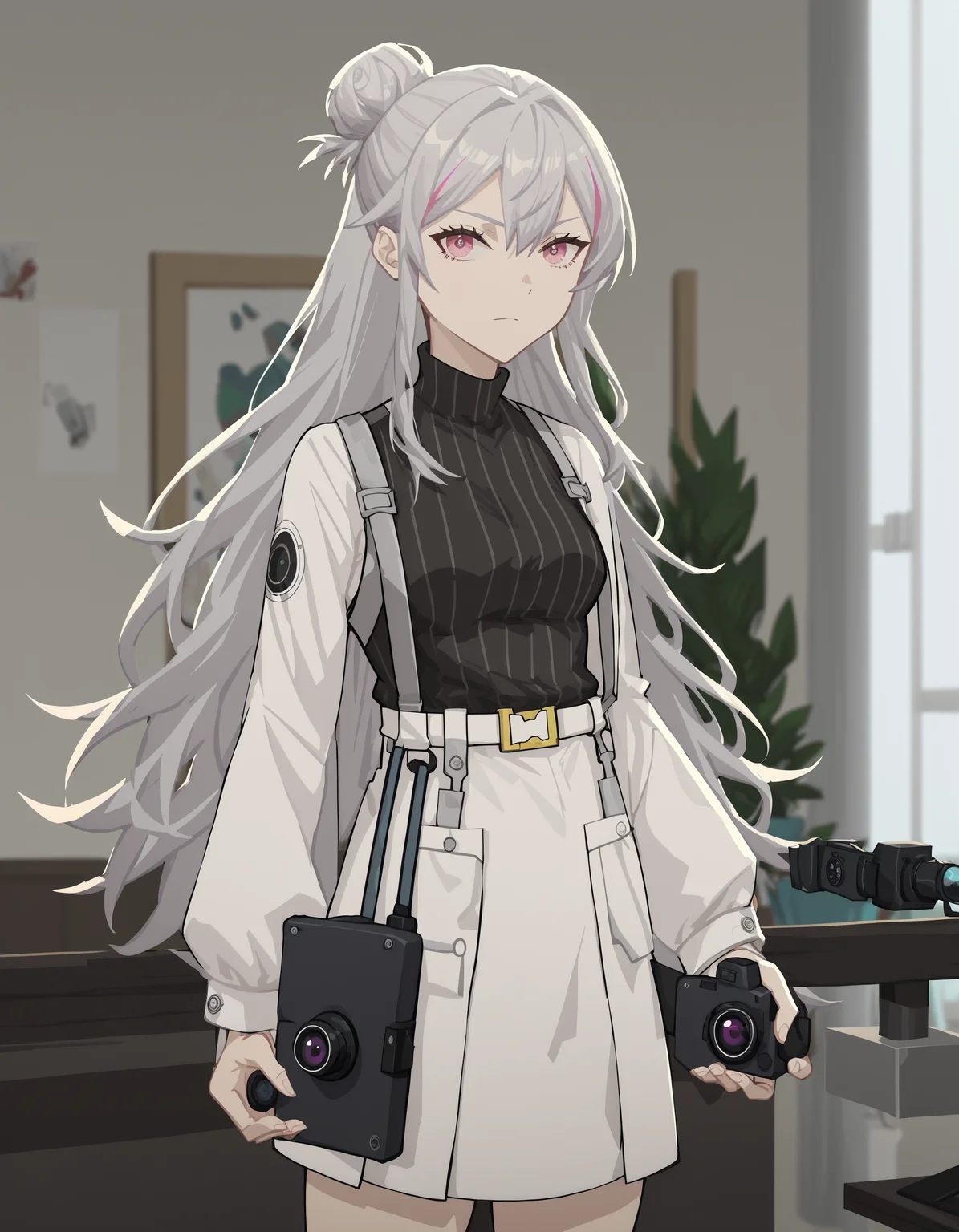 score_9,score_8_up,score_7_up,looking at viewer,casual,scientist,
<lora:duominixi_pony:0.7>,duominixi,1girl,solo,grey hair,pink eyes,jewelry,hair bun,long hair,thighs,<lora:Anime_Screencap:1>,anime screencap,holding_camera,