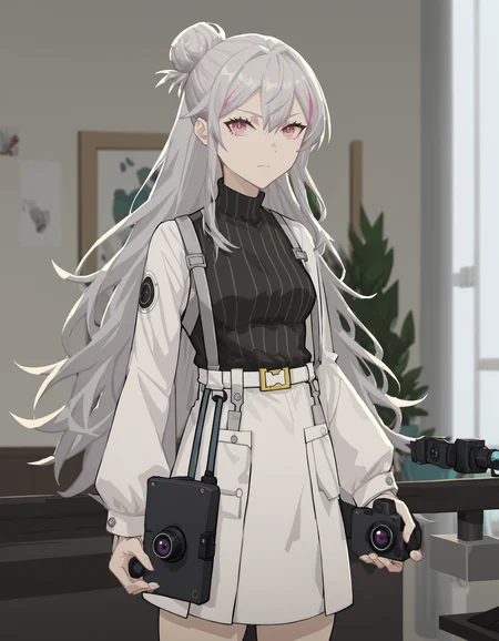 score_9,score_8_up,score_7_up,looking at viewer,casual,scientist,
<lora:duominixi_pony:0.7>,duominixi,1girl,solo,grey hair,pink eyes,jewelry,hair bun,long hair,thighs,<lora:Anime_Screencap:1>,anime screencap,holding_camera,