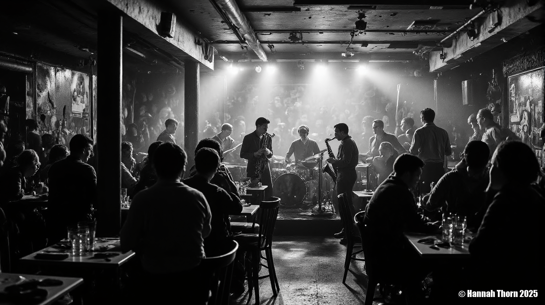 The picture is a black and white photograph depicting a scene in a dimly lit jazz club.    The style is reminiscent of classic black and white photography, possibly inspired by the aesthetics of the mid-20th century, evoking a nostalgic feeling of old Hollywood or a smoky jazz club. The lighting is dramatic, with spotlights illuminating the stage and the band, while the patrons in the foreground are less brightly lit, creating a sense of depth and focus. The composition includes a band performing on stage with a saxophone player prominently featured, and a crowd of people seated at tables, observing the performance.    The overall atmosphere is one of quiet intensity and sophisticated ambiance. The grainy texture of the image further enhances the vintage aesthetic. The dark tones, contrasted by the bright stage lights, contribute to the mood of intimacy and mystery. The clothing styles of both the band members and the patrons are consistent with a time period in the mid 20th century, likely the 1940s or 1950s, strengthening the vintage aesthetic. The image is sharp enough to capture detail but maintains a slightly grainy texture that adds to the film-like, vintage quality. <lora:_Flux\Vintage_Jazz-Club.safetensors:1.0:1.0>