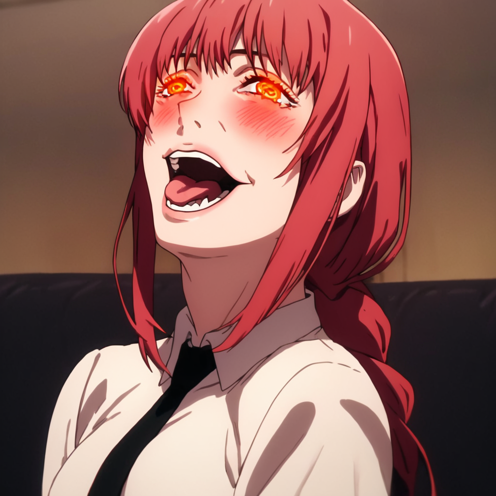 score_9, score_8_up, score_7_up, score_6_up, score_5_up, score_4_up,  <lora:mak1ma0XL_Pony_v1:1> , mak1ma0, red hair, long hair, ringed eyes, white collared shirt,black necktie, <lora:kakegurui_face:1>,1girl, solo, alone, kakegurui_face_expression, blush, glowing eyes, open mouth, teeth, tongue, ecstasy, masterpiece, highres