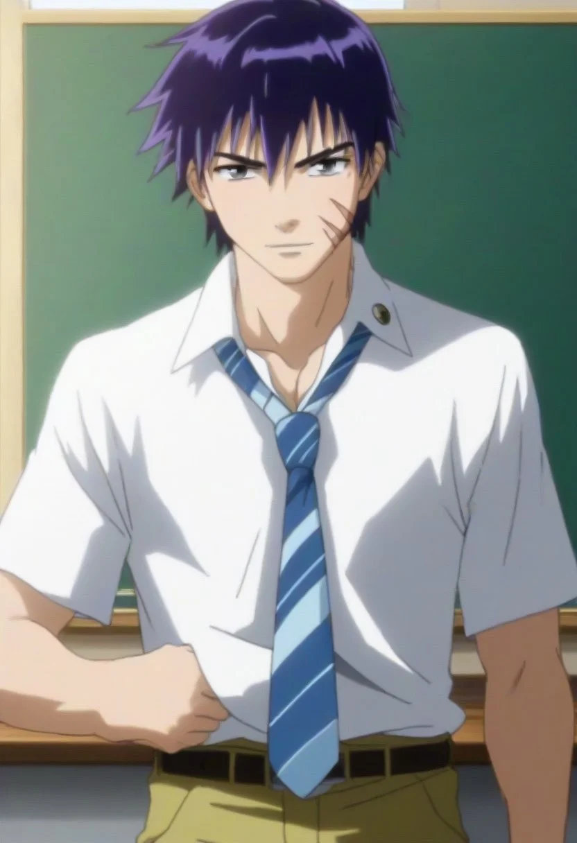 ((masterpiece)), ((best quality)), ((ultra-detailed)), ((absurdres)), score_9_up, score_8_up, score_7_up,
HD, top quality, best quality, amazing quality, High-quality illustrations, anime screencap, source_anime, best aesthetic, perfect proportions, perfect eyes, 1boy, 1male, solo boy, solo male, male focus, solo male focus, Anime, boy, male anime character, anime boy, handsome, cute, charming, sexy, good-looking, Hisaya Miki, purple-black hair, black-gray eyes, moles under eyes, face scars, white collared shirt, striped necktie, belt, green pants, ((lean body)), ((tall body, tall height)), ((school classroom background)), ((cowboy shot, head to hips shot)), ((front view, facing front, looking at viewer)), easynegative, updn, Expressiveh, masterpiece, best quality, very aesthetic, absurdres