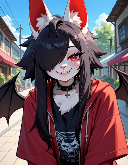 masterpiece, best quality, very aesthetic, absurdres,
outdoors, casual, t-shirt, open jacket, 
upper body, posing, face focus,
seductive smile, parted lips, long eyelashes,
 <lora:Asphodel_v01_NAIXL:1>
A5ph0d3l,1girl,solo,furry,furry female,bat girl,black hair,bat ears,animal ear fluff,long hair,hair over one eye,red eyes,fangs,spiked collar,body fur,white fur,bat wings,