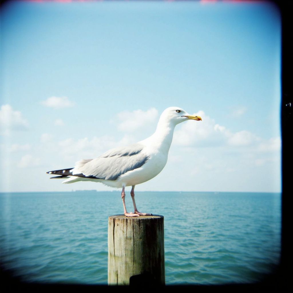 Shot with a Holga camera, a seagull perched on a wooden post
