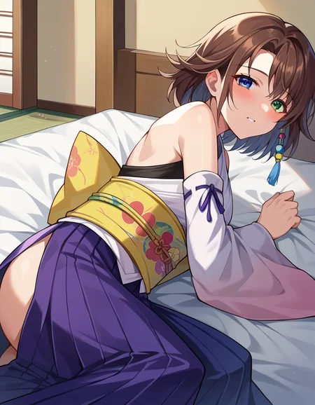 score_9, score_8_up, score_7_up, source_anime,
ffyuna, <lora:ff-yuna-ponyxl-lora-nochekaiser:1>,
yuna, blue eyes, brown hair, green eyes, hair ornament, heterochromia, short hair, mature female,
bare shoulders, detached sleeves, hakama, hakama skirt, japanese clothes, purple hakama, skirt, obi, sash, side slit, wide sleeves, white shirt,
indoors, bed, bed room, on side, blush, drunk,
looking at viewer, cowboy shot, dutch angle,
