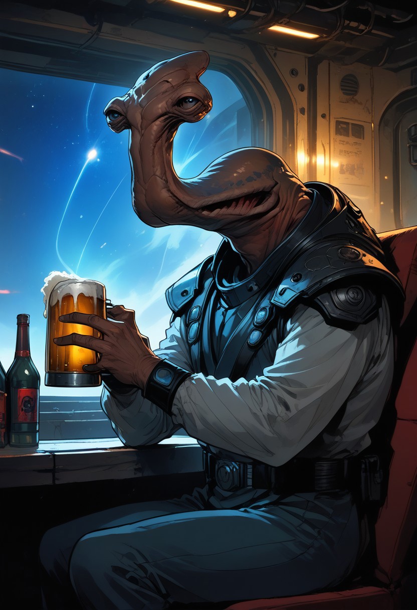 score_9, score_8_up, score_7_up, BREAK, source_anime, an
ithorian hammerhead alien on a space station, sitting at a space bar holding a beer, window in background showing stars and asteroids, neon BAR sign in background, dramatic lights