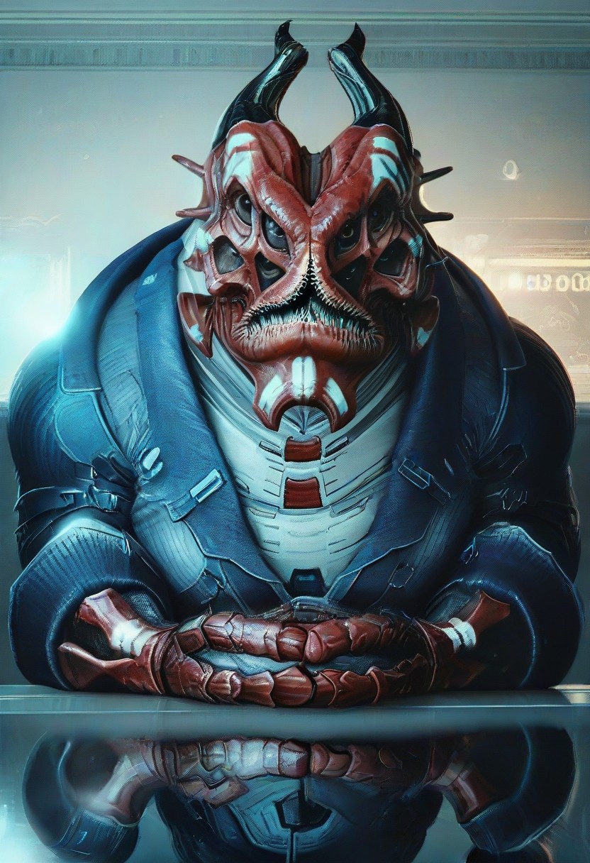 score_9, score_8_up, score_7_up, score_6_up, 1boy, Shadow Broker, Yahg, Red Skin, armored suit, scaly armored skin, large muscular body, giant body,four pairs of eyes, triangular mouth, sharp teeth, two large horns, white facial tattoo,solo focus, table,((shiny desk,mirror table,reflection in desk)), futuristic desk with sleek design, glowing interfaces, holographic displays, metallic finish, integrated technology, ambient lighting, high-tech gadgets, minimalist aesthetic, by syd mead, cinematic lighting, vibrant colors, ultra-modern, sci-fi atmosphere, perfect face, sweaty, hands on table,looking at viewer, maledom, dramatic lighting, solo,no hair,((taker pov)),