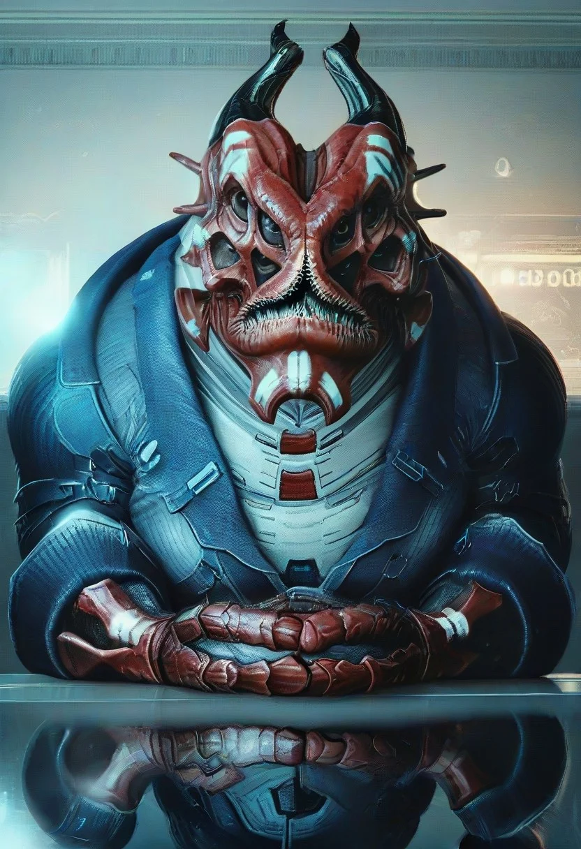 score_9, score_8_up, score_7_up, score_6_up, 1boy, Shadow Broker, Yahg, Red Skin, armored suit, scaly armored skin, large muscular body, giant body,four pairs of eyes, triangular mouth, sharp teeth, two large horns, white facial tattoo,solo focus, table,((shiny desk,mirror table,reflection in desk)), futuristic desk with sleek design, glowing interfaces, holographic displays, metallic finish, integrated technology, ambient lighting, high-tech gadgets, minimalist aesthetic, by syd mead, cinematic lighting, vibrant colors, ultra-modern, sci-fi atmosphere, perfect face, sweaty, hands on table,looking at viewer, maledom, dramatic lighting, solo,no hair,((taker pov)),