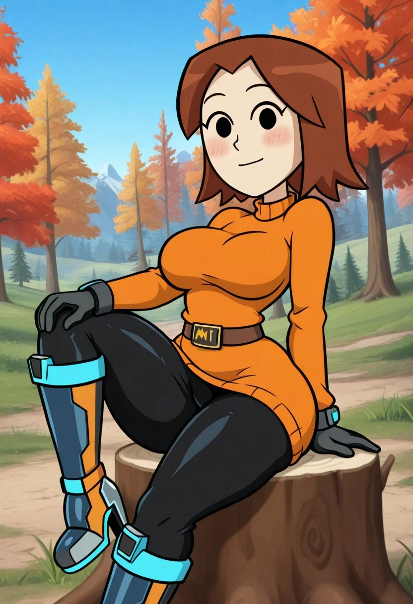 (masterpiece,best quality,amazing quality,very aesthetic,newest,HDA_Masterpiece_v1.2), 1girl, solo, medium breasts, wide hips, (hyper thicks thighs), (Perfect Body, Perfect Face, Beautiful Face, Beautiful Eyes:1.1), (2D), (Perfect Anatomy:1.0), Sexy, Mii_Gunner, Mii_Gunner_/(Smash_Bros_4/), blush, curvaceous, smile, contrapposto, arched back, curvy, dynamic pose, feet out of frame, (forest:0.7), moss floor, grass, sitting on one leg, crossed legs, straight-on, blue sky, mid day, trees, sitting on tree stump, looking at viewer, (love face, sexy face), (half_closed_eyes), holding on the own knee, black eyes, dot eyes, brown hair, medium hair, orange dress, belt, long sleeves, tech gloves, tech boots, boots with heels, artilpanzastyle, ((perfect hands)), black pants, shortstack, sweater dress, ((utimate details))
