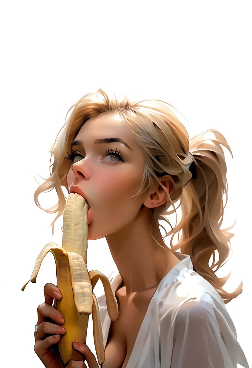 score_9, score_8_up, score_7_up, 1girl, solo, 18yo, beautiful face, perfect body, petite, blond ponytail, big beautiful eyes, Banana,holding,  half peeled, half peeled banana, (sucking), deepthroating banana, white background, closeup, white shirt, cleavage, suggestive, horny, sexy, erotic, masterpeice, cinematic lgiht