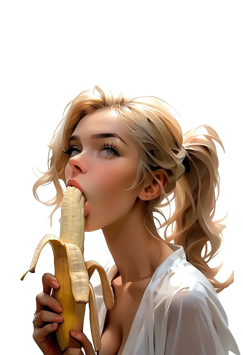 score_9, score_8_up, score_7_up, 1girl, solo, 18yo, beautiful face, perfect body, petite, blond ponytail, big beautiful eyes, Banana,holding, half peeled, half peeled banana, (sucking), deepthroating banana, white background, closeup, white shirt, cleavage, suggestive, horny, sexy, erotic, masterpeice, cinematic lgiht
