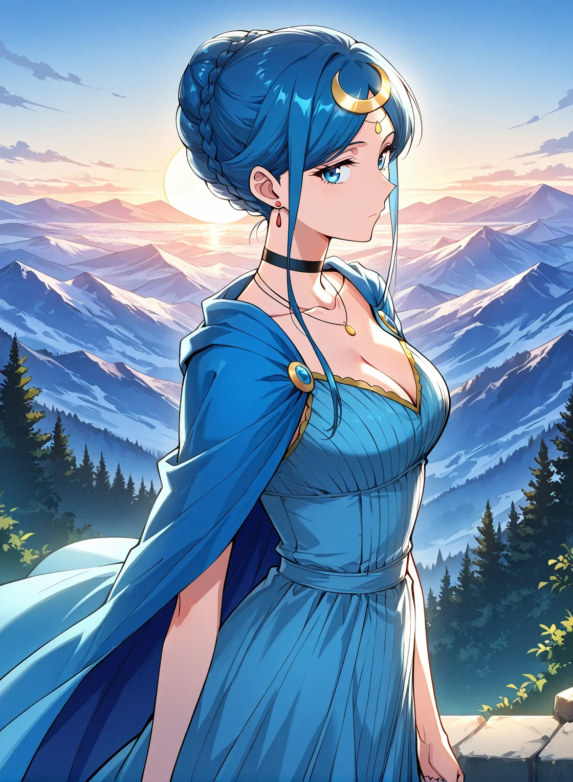 <lora:Qin_Ruxue:1>
1 girl, solo, blue hair, blue eyes, bangs, single hair bun, braid
blue dress, jewelry, earrings, hair ornament, black choker, cleavage, sidelocks, crescent hair ornament, bracelete, necklace, blue cape, collarbone
score_9, score_8_up, score_7_up, source anime, BREAK, cowboy shot, (from side), looking back, looking at viewer, overlooking mountain, high altitude, scenery, exterior, background, (solo), perfect hands