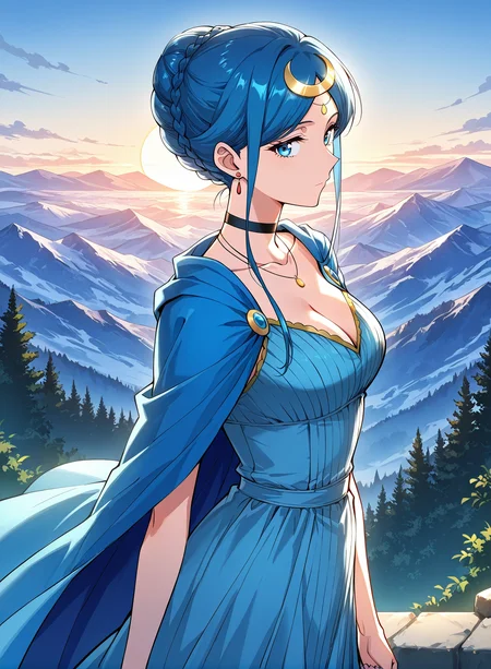 <lora:Qin_Ruxue:1>
1 girl, solo, blue hair, blue eyes, bangs, single hair bun, braid
blue dress, jewelry, earrings, hair ornament, black choker, cleavage, sidelocks, crescent hair ornament, bracelete, necklace, blue cape, collarbone
score_9, score_8_up, score_7_up, source anime, BREAK, cowboy shot, (from side), looking back, looking at viewer, overlooking mountain, high altitude, scenery, exterior, background, (solo), perfect hands