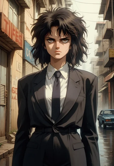 score_9, score_8_up, score_7_up, source_anime,
1girl, solo,
medium hair, black hair, messy hair,
expressionless, (empty eyes:0.7), (smirk:0.7), (smug:0.80),
business suit, necktie, white shirt,
outdoors, streets,
cowboy shot, dutch angle, untucked shirt,
retro, ghostintheshellstyle,
ho1ding-weap0n, holding rifle