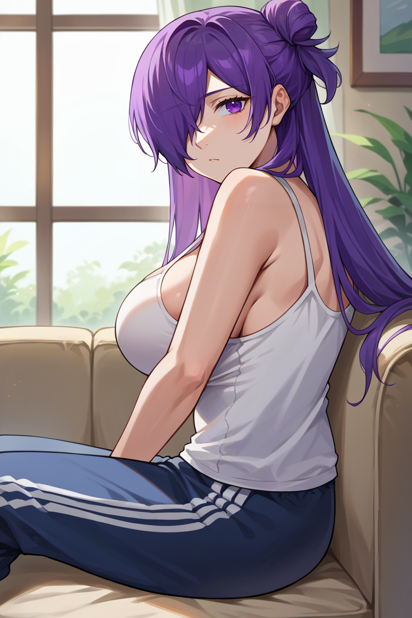 score_9, score_8_up, score_7_up, score_6_up, source_anime BREAK 1girl, solo,  <lora:shez-pdxl-nvwls-v1-000005:1> feShez, single hair bun, purple hair, hair over one eye, big breasts, sitting, track pants, sitting, bed, white tank top, sideboob, looking at you, couch, sitting, indoors, tired, from side