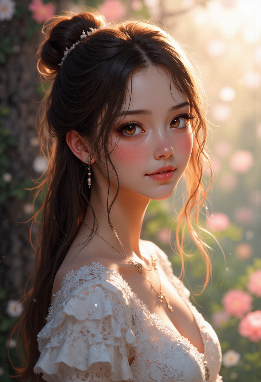 A close-up, high-resolution portrait of a young woman around 25 years old, with soft, delicate features and a warm, kind expression. She has a round face, large doe-like eyes with subtle makeup, and rosy cheeks that add to her innocent charm. Her lips are softly parted in a gentle smile. She wears a simple, elegant white dress with lace detailing, embodying purity and innocence. Her long, wavy hair cascades around her shoulders, styled naturally with a few loose strands framing her face. In the background, a soft, pastel-colored setting with blurred flowers and sunlight creates a serene, peaceful atmosphere. The lighting is soft and natural, adding a warm, welcoming glow to her complexion, enhancing the look of sweetness and sincerity. The overall image radiates kindness, innocence, and timeless beauty
<lora:FluxMythP0rtr4itStyle:0.6> mythp0rt <lora:FLUX-daubrez-DB4RZ-v2:0.3> DB4RZ, glow effects, godrays, Hand drawn, render, 8k, octane render, cinema 4d, blender, dark, atmospheric 4k ultra detailed, cinematic, Sharp focus, big depth of field, Masterpiece, colors, 3d octane render, 4k, concept art, trending on artstation, hyperrealistic, Vivid colors, extremely detailed CG unity 8k wallpaper, trending on CGSociety, Intricate, High Detail, dramatic <lora:anime_martzv2:1>  intricate, detailed . magnificent, celestial, ethereal, painterly, epic, majestic, magical, fantasy art, cover art, dreamy