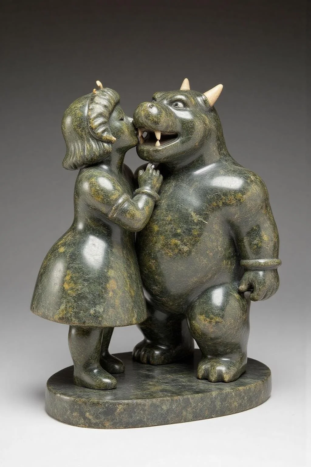 sculpture of
culpture of Princess Peach kissing the Bowser, carved with mottled dark grey stone. <lora:inuit_cap_d6a3e12:1.0><lora:821731001827861459:0>