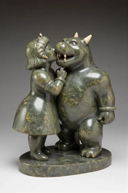 sculpture of
culpture of Princess Peach kissing the Bowser, carved with mottled dark grey stone. <lora:inuit_cap_d6a3e12:1.0><lora:821731001827861459:0>