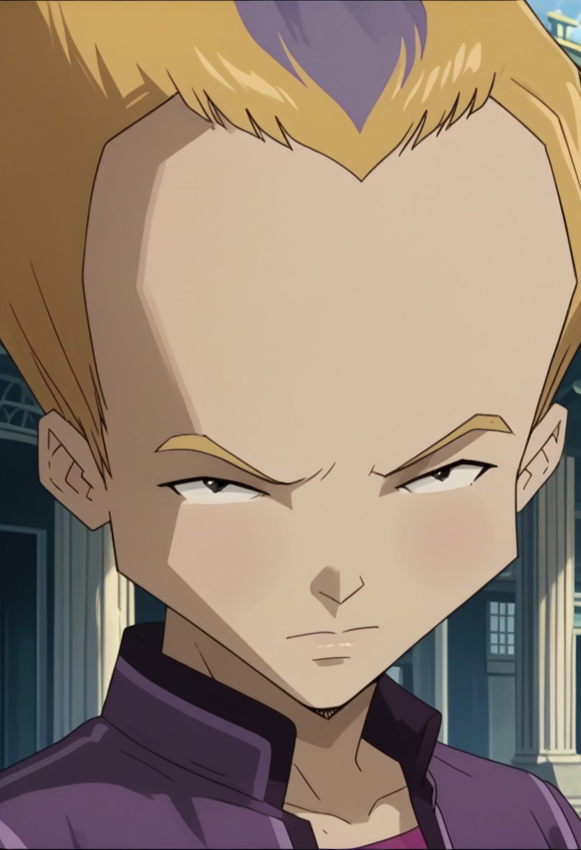 score_9, score_8_up, score_7_up, source_anime, rating_safe, RobbiaCL, yellow-purple_Robbia_hair, black eyes, 1boy, male focus, anime screencap,