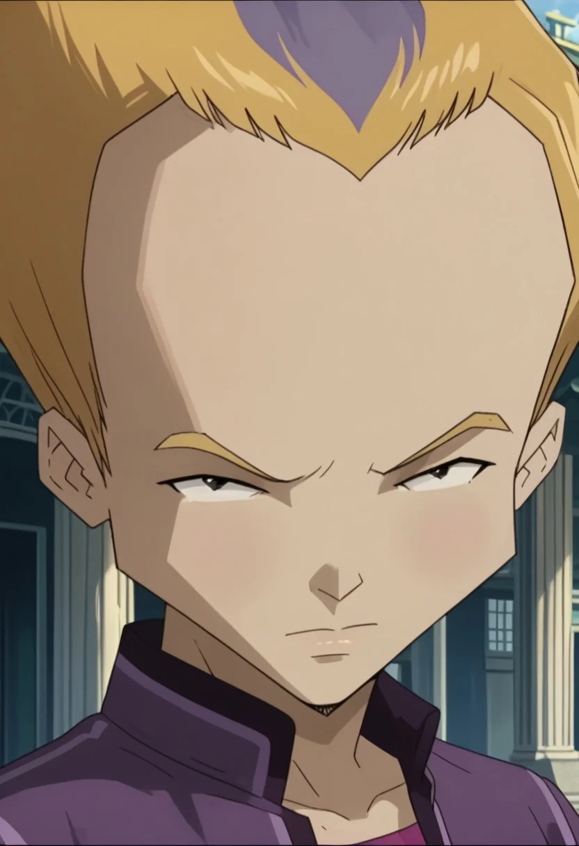 score_9, score_8_up, score_7_up, source_anime, rating_safe, RobbiaCL, yellow-purple_Robbia_hair, black eyes, 1boy, male focus, anime screencap,