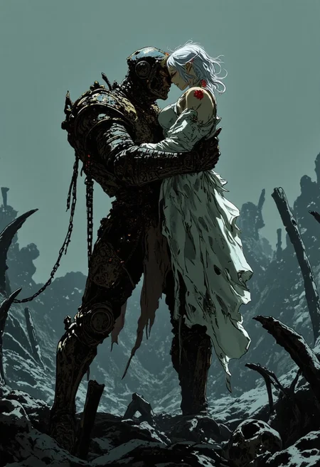 Illustration, a dark, armored warrior stands amidst a sea of skeletal remains, gripping heavy black chains that extend into the shadows. In his arms, he carries a wounded, ethereal elf woman dressed in a torn white gown, her pale skin marred by fresh wounds on her back. Her silver hair is adorned with ornaments, and she leans against him, barely conscious. The warrior’s armor is battle-worn, layered with intricate engravings and shadowy cloth that moves with an unseen wind. The background is a desolate, foggy void, giving a sense of the underworld or a battlefield lost to time. The contrast between the warrior’s imposing, dark presence and the fragile beauty of the woman creates an emotional tension, evoking themes of tragedy, sacrifice, and an unbreakable bond.