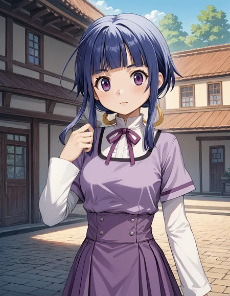 score_9, score_8_up, source_anime, 1girl, upper body, medium shot, detailed, mgrcasukatatsuki, asukacsl, blue hair, sidelocks, low ponytail, purple eyes, yellow hairclip, (white shirt:0.9), high collar, purple neck ribbon, purple dress, (white sleeves:0.8), short over long sleeves, (purple pleated skirt:0.9), hand up, dynamic pose, outdoors, <lora:mgrcasukatatsuki_XL:1>