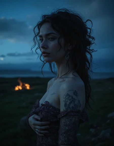 A graceful woman with a slender figure,Plant Hair,Blue black,over the shoulder shot,Hellfire Club Montpelier Hill Ireland,,film camera,Starlight,<lora:real-lora:1>