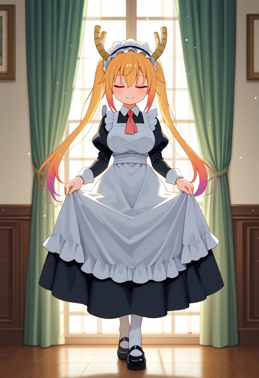 1girl, tohru \(maidragon\), kobayashi-san chi no maidragon, closed eyes, smile, alternate costume, maid, black dress, baid apron, maid headdress, juliet sleeves, white pantyhose, mary janes, curtsey, indoors, light particles, curtains, full body, impasto, painting \(medium\), masterpiece, best quality, good quality