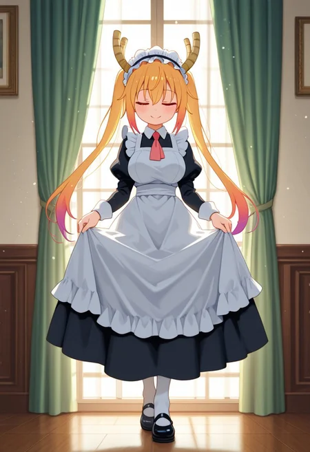 1girl, tohru \(maidragon\), kobayashi-san chi no maidragon, closed eyes, smile, alternate costume, maid, black dress, baid apron, maid headdress, juliet sleeves, white pantyhose, mary janes, curtsey, indoors, light particles, curtains, full body, impasto, painting \(medium\), masterpiece, best quality, good quality