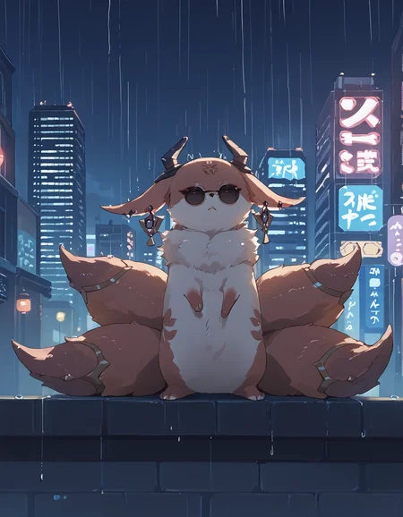 score_9, score_8_up, score_7_up, solo, YaeMikoFox,  animal, animal focus, earrings, jewelry, headgear, horns, sunglasses, pince-nez, multiple tails, cityscape, night, rain, neon lights <lora:YaeMikoProgenitor_pdxl_Incrs_v1:1> <lora:YaeMikoFox_XLPD:1.4>