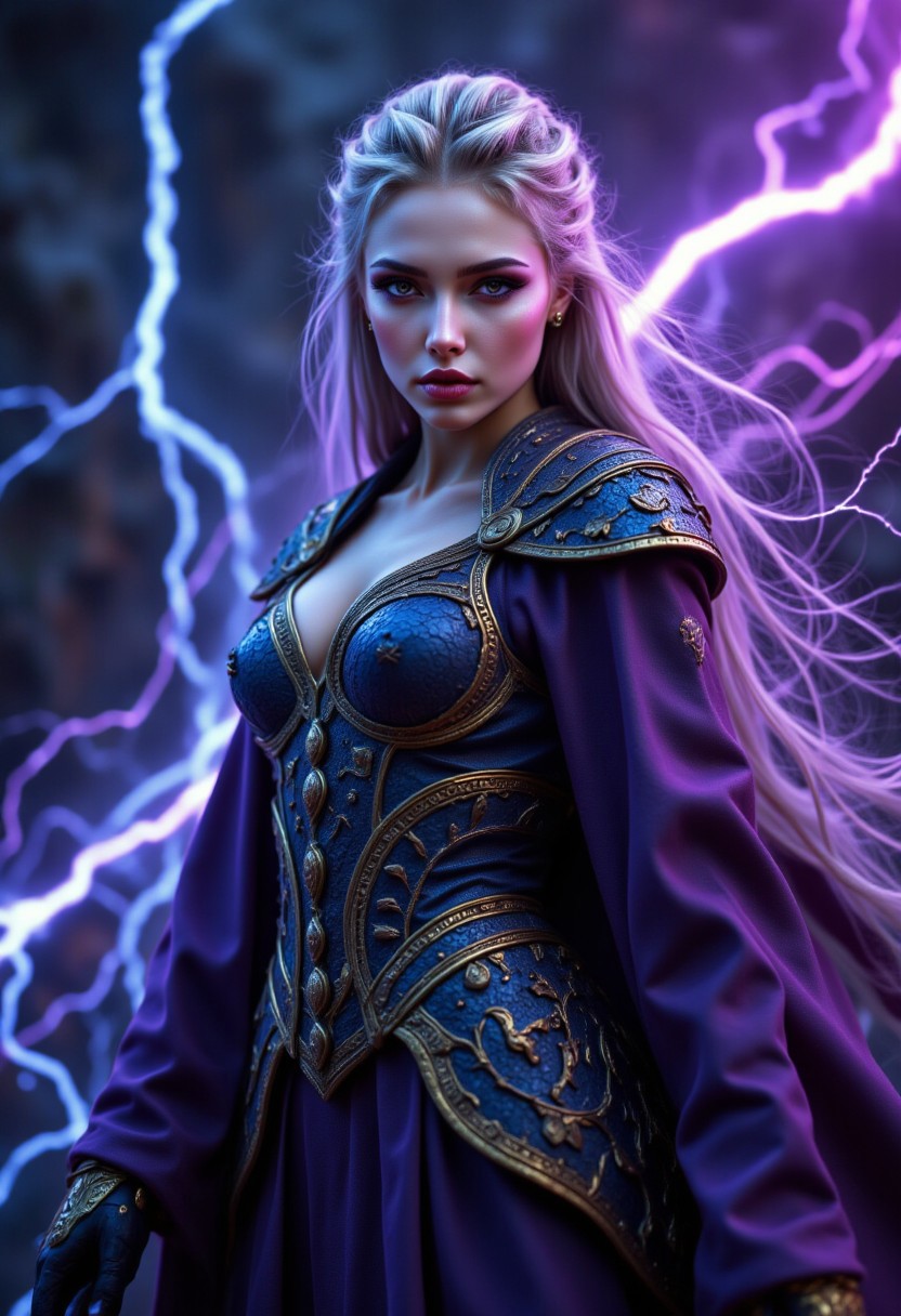 (S4r4h, woman, purple hair, long wavy hair, detailed eyes), aidmafluxpro1.1, aidmaHyperrealism:
cinematic film still ethereal fantasy concept art of A powerful, photorealistic portrait of a legendary Chinese sorceress, embodying a human-dragon hybrid presence. She stands amidst a rain soaked battlefieldunnatural chaotic purple-lit sky above, blue lightning crackles from her hands and eyes. Silver hair flows dramatically around her face, framed by ornate,black  dragon-themed battle armor adorned with intricate gold detailing. Her athletic, graceful form exudes both elegance and raw power. Rain glistens on her pale,expensive jewelry, while volumetric lighting casts an ethereal glow over her fierce beauty. The setting is charged with dynamic, supernatural energy, capturing her as a goddess of storms and lightning, blending fantasy and realism with awe-inspiring detail.
shallow depth of field, vignette, highly detailed, high budget, bokeh, cinemascope, moody, epic, gorgeous, film grain, grainy