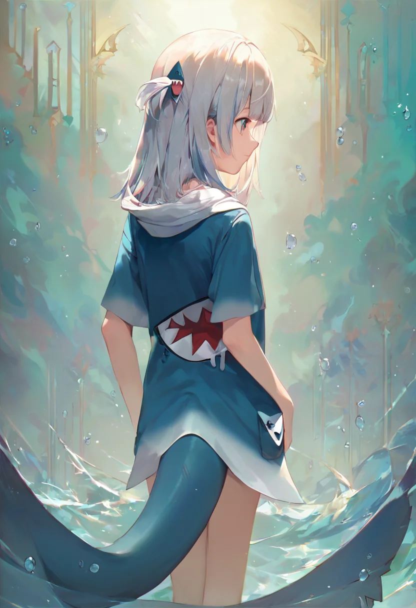 score_9, score_8_up, score_7_up, high resolution, masterpiece, high quality, best quality, highly detailed, rating questionable, detailed background, <lora:guraXL:1> gawr gura, blue hoodie, two side up, shark hair ornament, shark tail